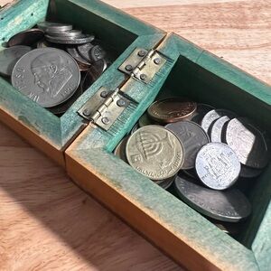 Wooden Coin Box - with World coins